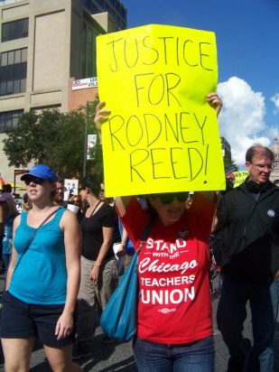Teri Adams shows her support for Rodney at the Annual March to Stop Executions in Austin, Texas
