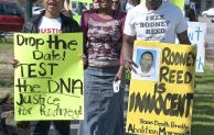 Uwana Akpan, front left, Toniya Anderson, center, and Roderick Reed, front right, were among a group gathered at the Bastrop County Courthouse on Friday, February 13, 2015 to protest the upcoming March 5 execution of Rodney Reed. Photo by Andy Sharp for the Austin American Statesman