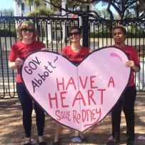 Supporters delivered a big valentine to Gov. Greg Abbott on Feb. 14. The heart reads "Gov. Abbott- Have a Heart. Save Rodney"