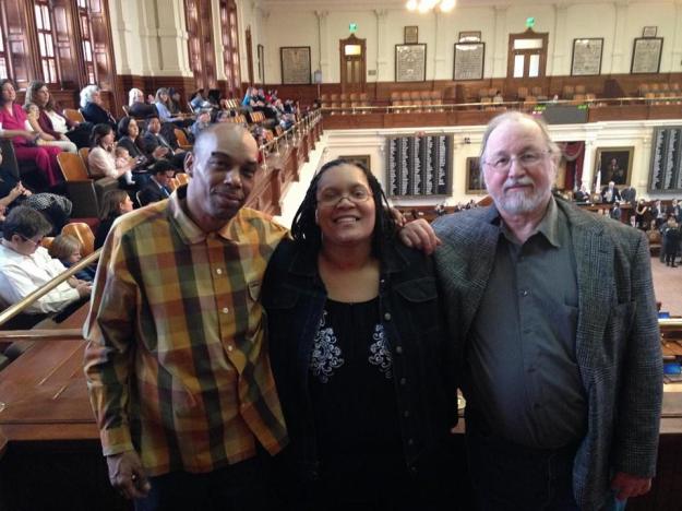 Mark Clements, Sabrina Butler, and Ron Keine stand in the House Chamber inside the Texas Capitol  Photo by Scott Cobb