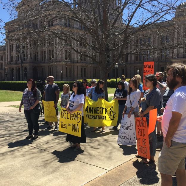 A group of supporters gather outside the Court of Criminal Appeals in the Texas Capitol Complex to demand justice for Rodney